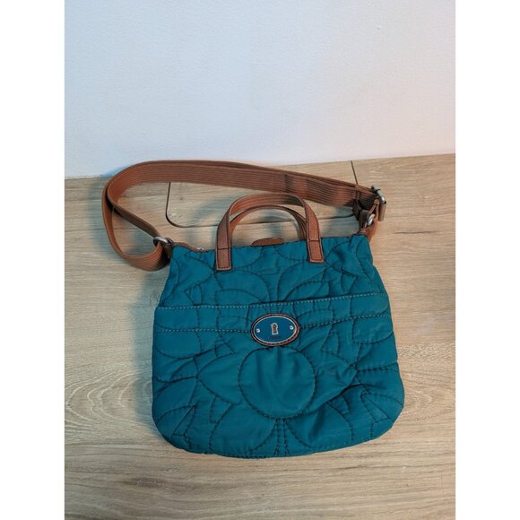 Fossil Handbags - Vintage Fossil Bag Quilted Blue Trimmed In Cow Hide Leather Flaw
